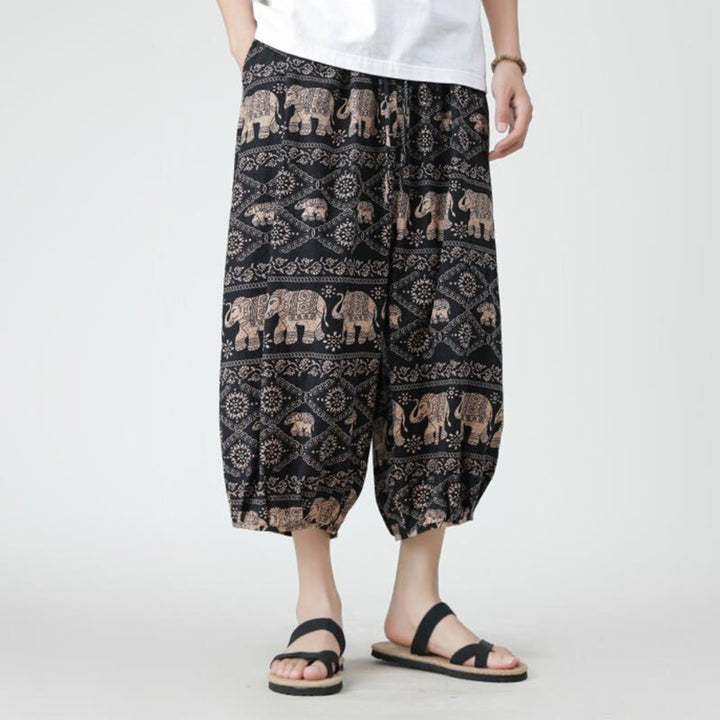 Buddha Stones Summer Square Patchwork Elephant Mandala Geometry Cotton Linen Men's 7-8 Length Pants With Pockets - image 25