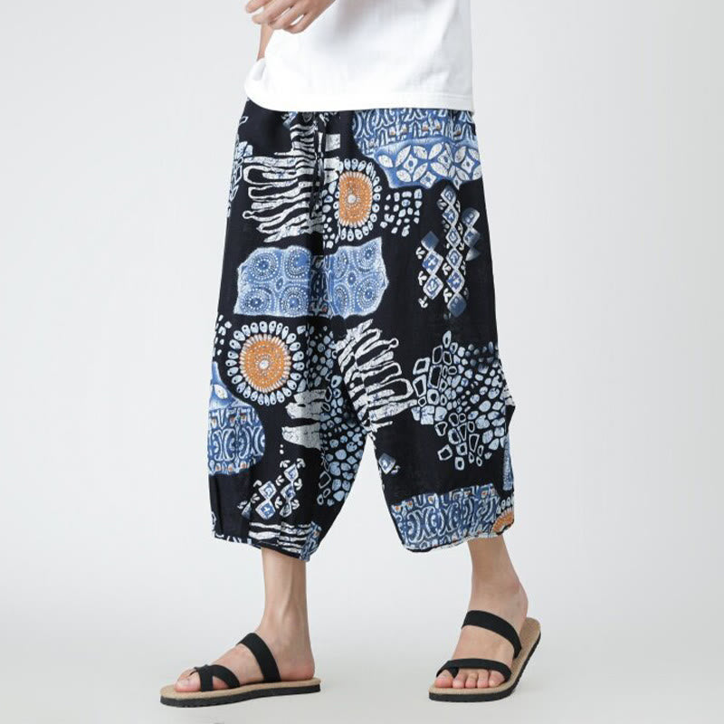 Buddha Stones Summer Square Patchwork Elephant Mandala Geometry Cotton Linen Men's 7-8 Length Pants With Pockets - SteelBlue - US/UK/AU46，EU56 (5XL) - image 31