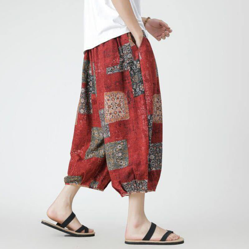 Buddha Stones Summer Square Patchwork Elephant Mandala Geometry Cotton Linen Men's 7-8 Length Pants With Pockets - image 4