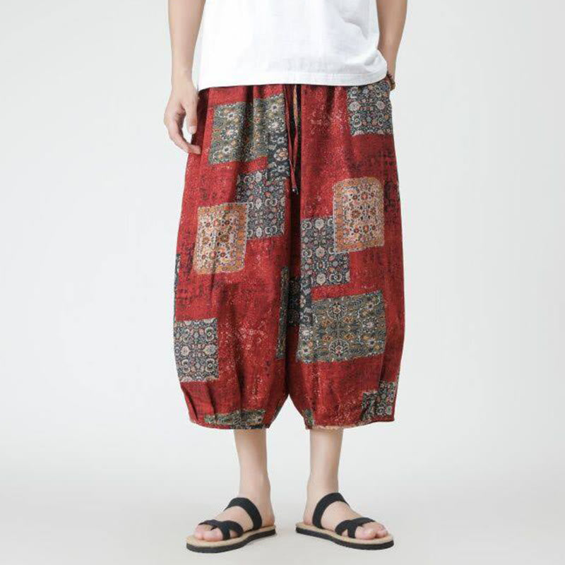 Buddha Stones Summer Square Patchwork Elephant Mandala Geometry Cotton Linen Men's 7-8 Length Pants With Pockets - image 1