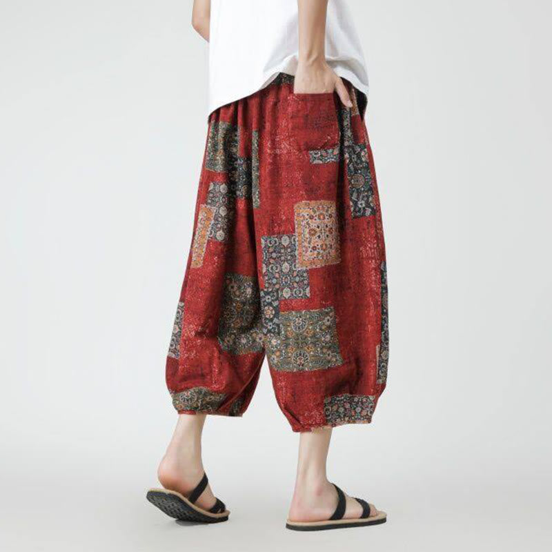 Buddha Stones Summer Square Patchwork Elephant Mandala Geometry Cotton Linen Men's 7-8 Length Pants With Pockets - image 5