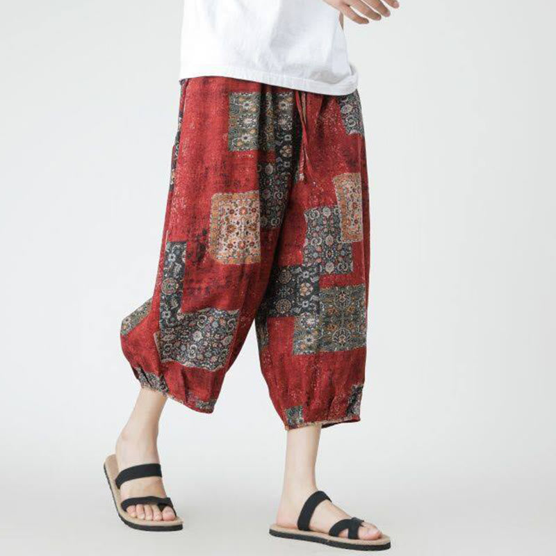 Buddha Stones Summer Square Patchwork Elephant Mandala Geometry Cotton Linen Men's 7-8 Length Pants With Pockets - image 7