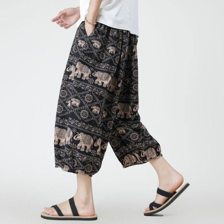 Buddha Stones Summer Square Patchwork Elephant Mandala Geometry Cotton Linen Men's 7-8 Length Pants With Pockets - image 24