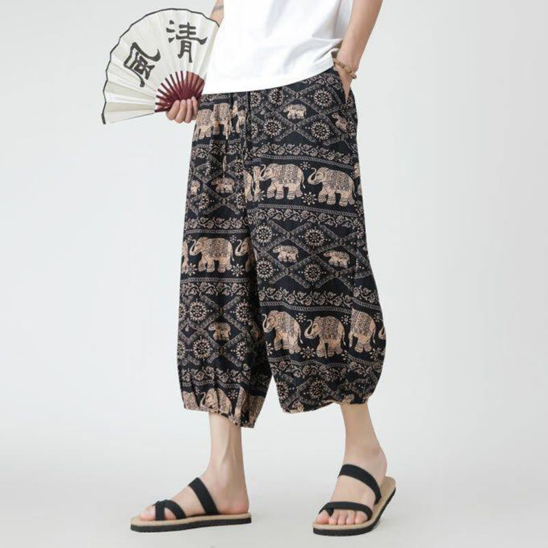 Buddha Stones Summer Square Patchwork Elephant Mandala Geometry Cotton Linen Men's 7-8 Length Pants With Pockets - image 30