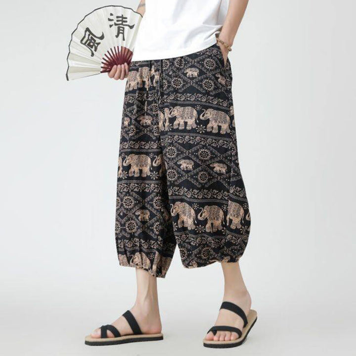 Buddha Stones Summer Square Patchwork Elephant Mandala Geometry Cotton Linen Men's 7-8 Length Pants With Pockets - image 30