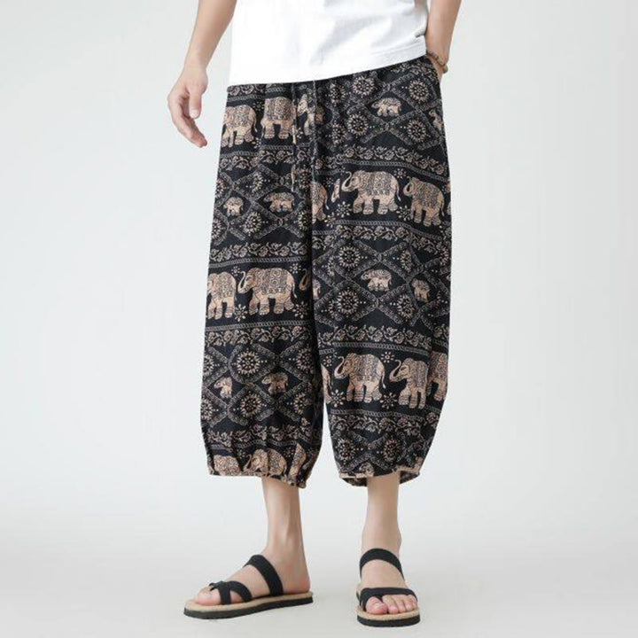 Buddha Stones Summer Square Patchwork Elephant Mandala Geometry Cotton Linen Men's 7-8 Length Pants With Pockets - image 28
