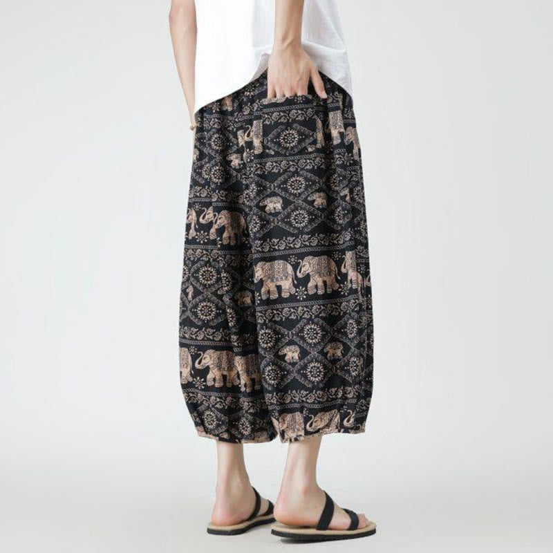 Buddha Stones Summer Square Patchwork Elephant Mandala Geometry Cotton Linen Men's 7-8 Length Pants With Pockets - image 25
