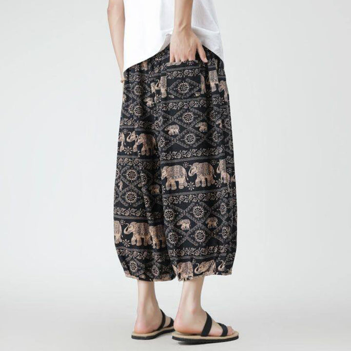 Buddha Stones Summer Square Patchwork Elephant Mandala Geometry Cotton Linen Men's 7-8 Length Pants With Pockets - image 25