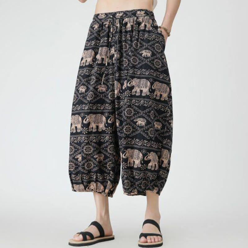 Buddha Stones Summer Square Patchwork Elephant Mandala Geometry Cotton Linen Men's 7-8 Length Pants With Pockets - image 31