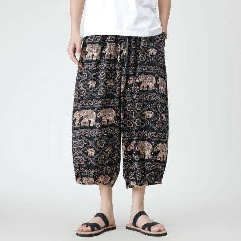 Buddha Stones Summer Square Patchwork Elephant Mandala Geometry Cotton Linen Men's 7-8 Length Pants With Pockets - image 22