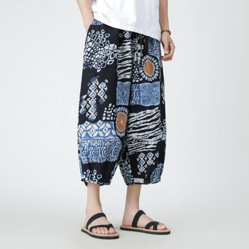 Buddha Stones Summer Square Patchwork Elephant Mandala Geometry Cotton Linen Men's 7-8 Length Pants With Pockets - image 35