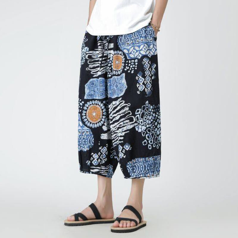 Buddha Stones Summer Square Patchwork Elephant Mandala Geometry Cotton Linen Men's 7-8 Length Pants With Pockets - image 36