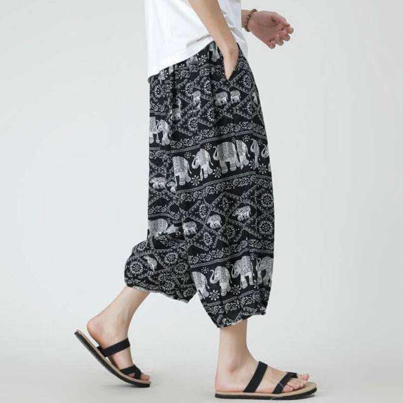 Buddha Stones Summer Square Patchwork Elephant Mandala Geometry Cotton Linen Men's 7-8 Length Pants With Pockets - image 45