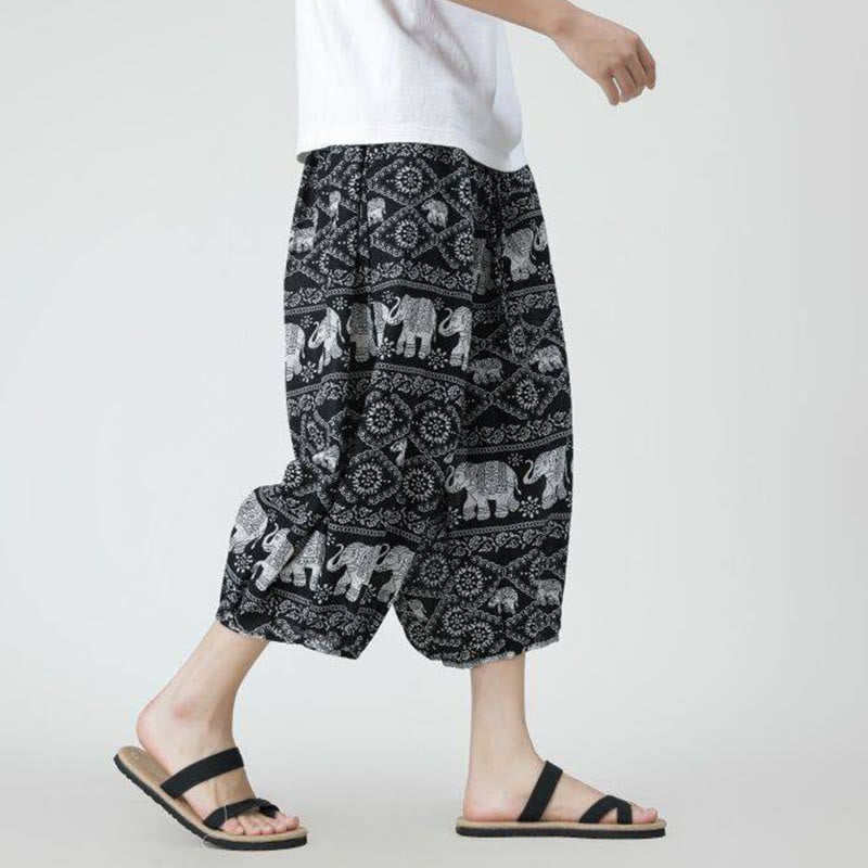 Buddha Stones Summer Square Patchwork Elephant Mandala Geometry Cotton Linen Men's 7-8 Length Pants With Pockets - image 44