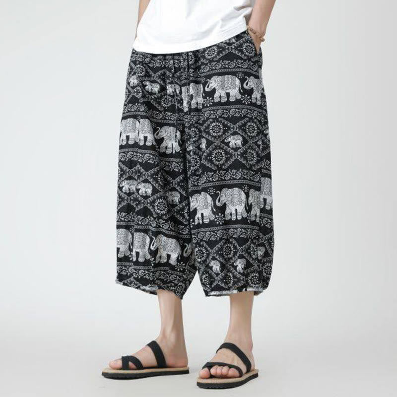 Buddha Stones Summer Square Patchwork Elephant Mandala Geometry Cotton Linen Men's 7-8 Length Pants With Pockets - image 46