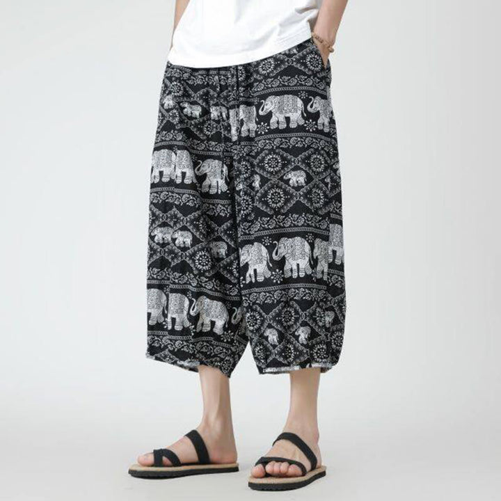 Buddha Stones Summer Square Patchwork Elephant Mandala Geometry Cotton Linen Men's 7-8 Length Pants With Pockets - image 46