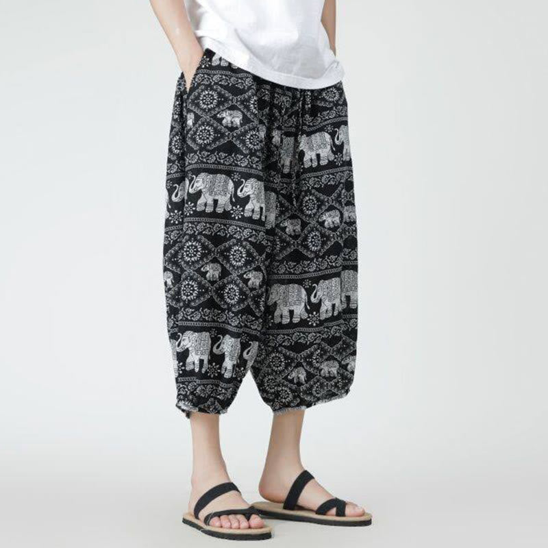 Buddha Stones Summer Square Patchwork Elephant Mandala Geometry Cotton Linen Men's 7-8 Length Pants With Pockets - image 46
