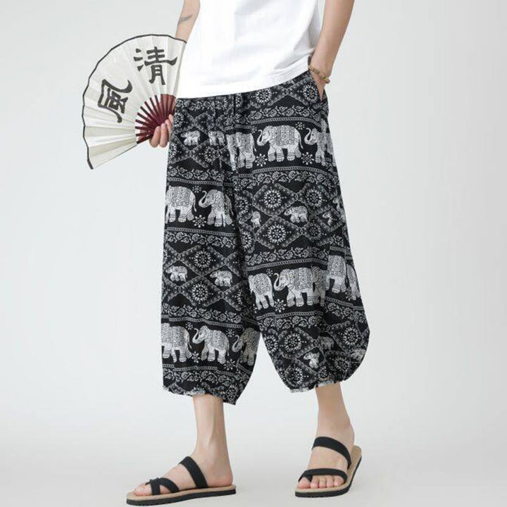 Buddha Stones Summer Square Patchwork Elephant Mandala Geometry Cotton Linen Men's 7-8 Length Pants With Pockets - image 50