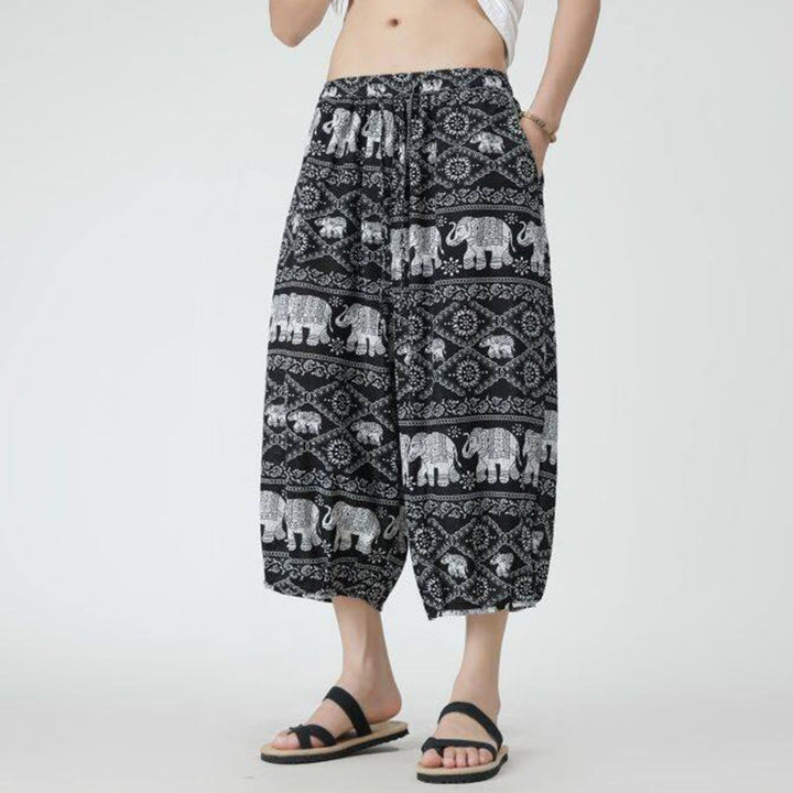 Buddha Stones Summer Square Patchwork Elephant Mandala Geometry Cotton Linen Men's 7-8 Length Pants With Pockets - image 49