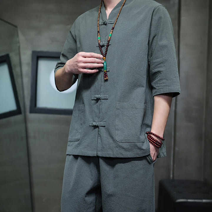Buddha Stones 2Pcs Tang Suit Frog-Button Design Shirt Pants With Pockets Men's Meditation Cloth Set - image 8