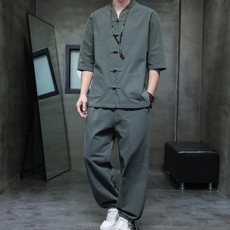 Buddha Stones 2Pcs Tang Suit Frog-Button Design Shirt Pants With Pockets Men's Meditation Cloth Set - image 4