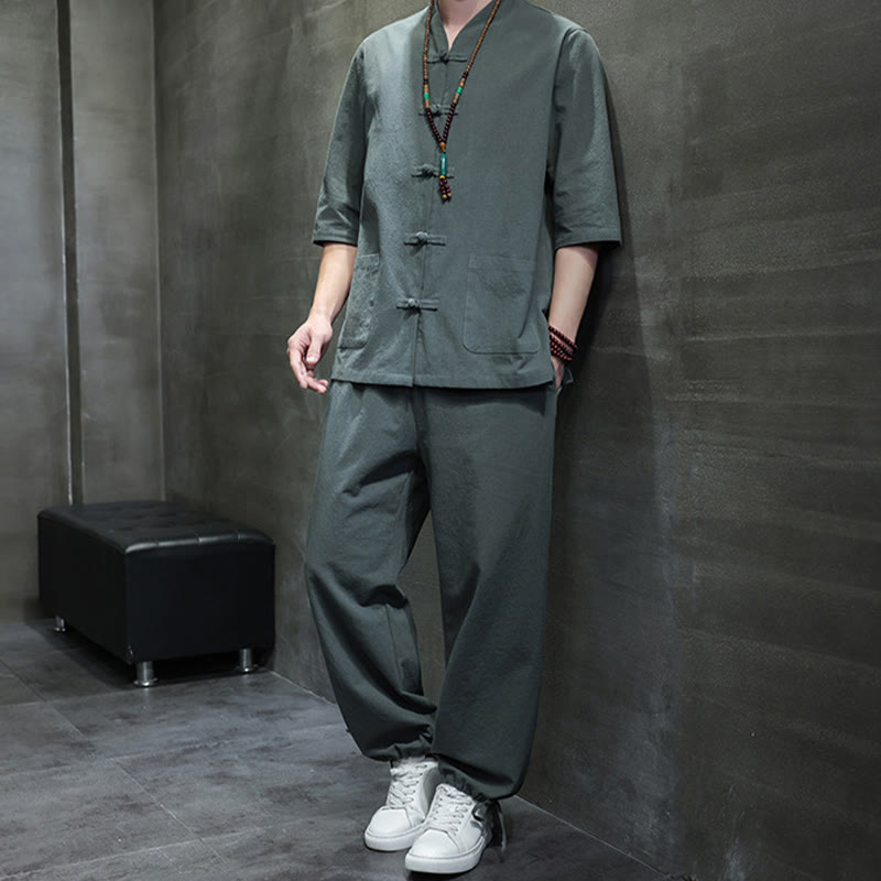 Buddha Stones 2Pcs Tang Suit Frog-Button Design Shirt Pants With Pockets Men's Meditation Cloth Set - image 6