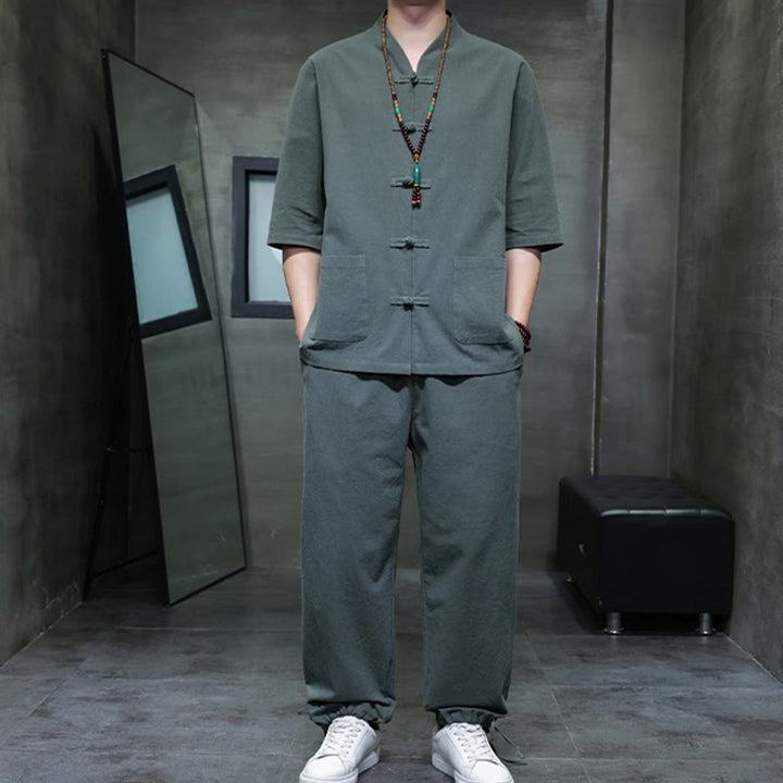 Buddha Stones 2Pcs Tang Suit Frog-Button Design Shirt Pants With Pockets Men's Meditation Cloth Set - image 5