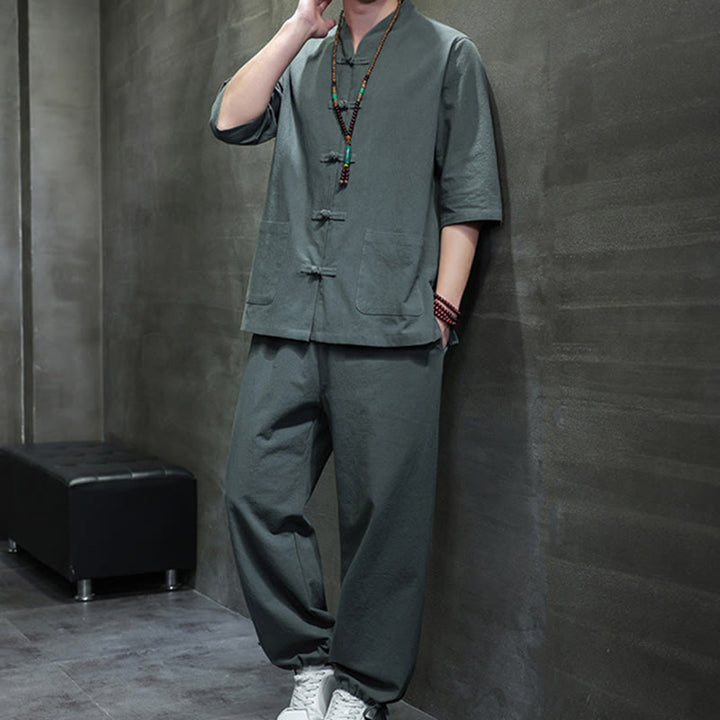 Buddha Stones 2Pcs Tang Suit Frog-Button Design Shirt Pants With Pockets Men's Cotton Linen Meditation Cloth Set - image 1