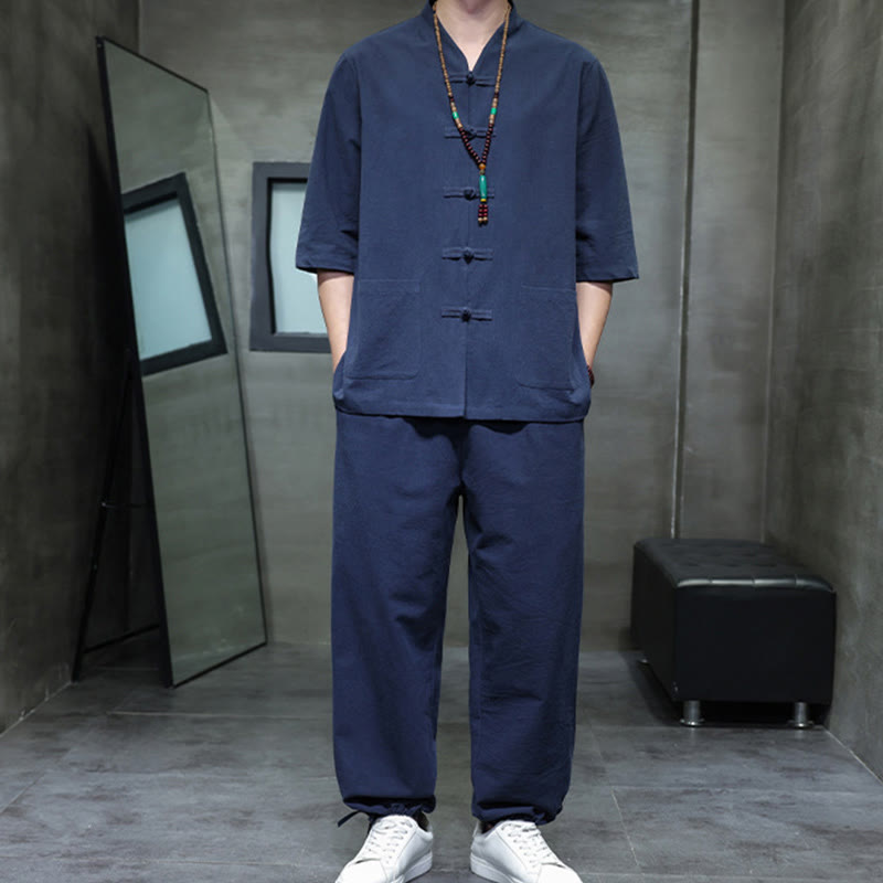 Buddha Stones 2Pcs Tang Suit Frog-Button Design Shirt Pants With Pockets Men's Meditation Cloth Set - image 14