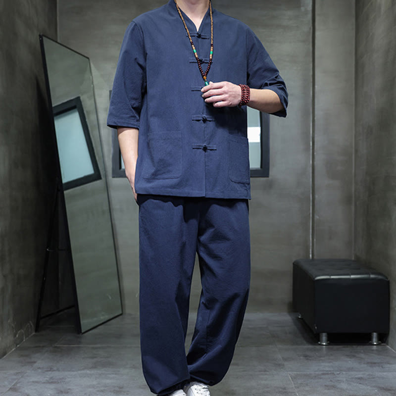 Buddha Stones 2Pcs Tang Suit Frog-Button Design Shirt Pants With Pockets Men's Cotton Linen Meditation Cloth Set - image 15