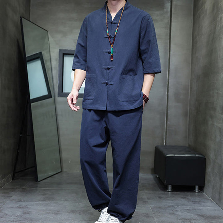 Buddha Stones 2Pcs Tang Suit Frog-Button Design Shirt Pants With Pockets Men's Meditation Cloth Set - image 16