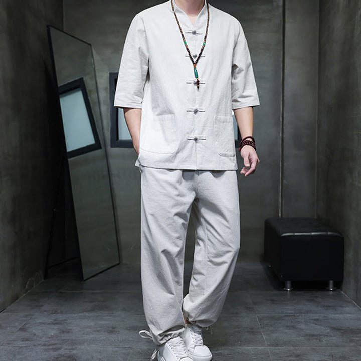 Buddha Stones 2Pcs Tang Suit Frog-Button Design Shirt Pants With Pockets Men's Meditation Cloth Set - image 24