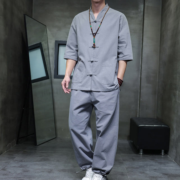 Buddha Stones 2Pcs Tang Suit Frog-Button Design Shirt Pants With Pockets Men's Cotton Linen Meditation Cloth Set - Gray - US/UK/AU46，EU56 (5XL) - image 29