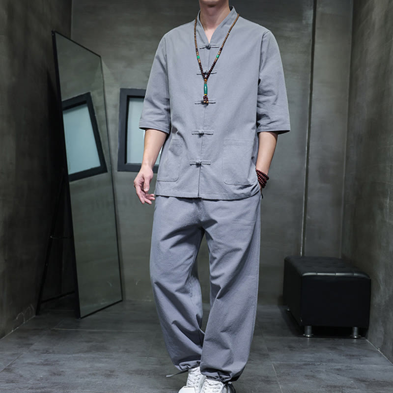 Buddha Stones 2Pcs Tang Suit Frog-Button Design Shirt Pants With Pockets Men's Meditation Cloth Set - Gray - US/UK/AU46，EU56 (5XL) - image 29