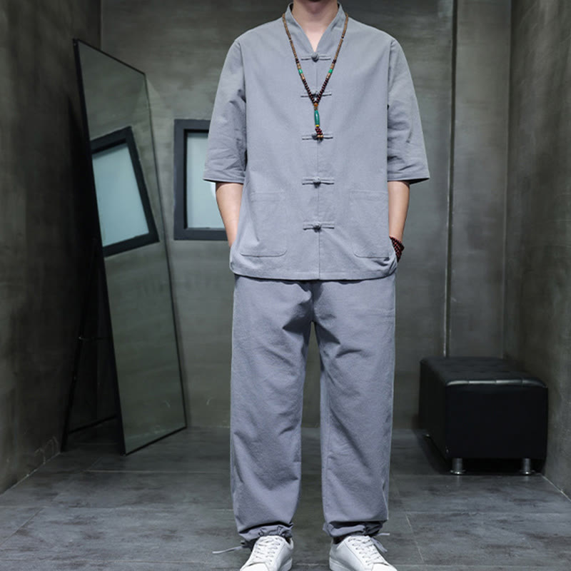 Buddha Stones 2Pcs Tang Suit Frog-Button Design Shirt Pants With Pockets Men's Meditation Cloth Set - image 30