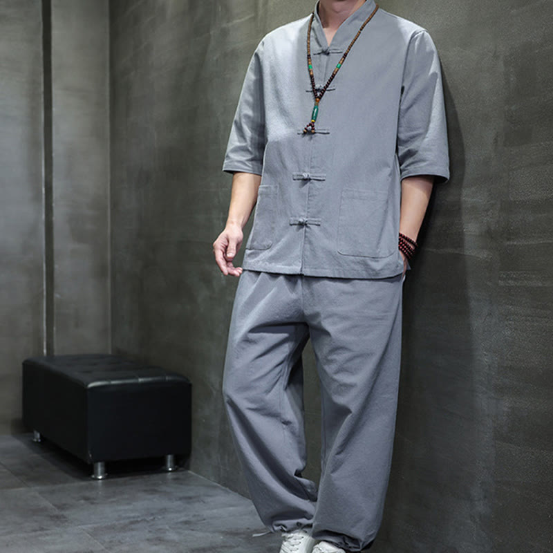 Buddha Stones 2Pcs Tang Suit Frog-Button Design Shirt Pants With Pockets Men's Cotton Linen Meditation Cloth Set - image 34