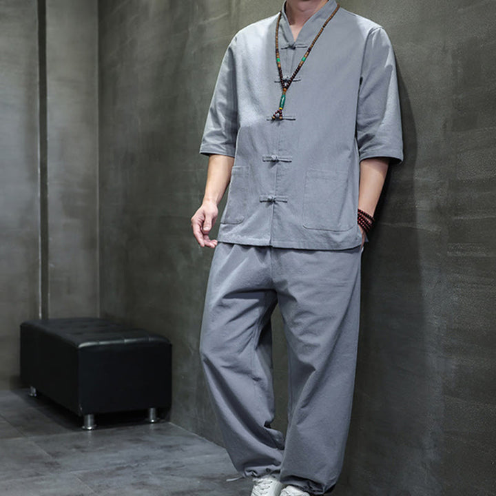 Buddha Stones 2Pcs Tang Suit Frog-Button Design Shirt Pants With Pockets Men's Cotton Linen Meditation Cloth Set - image 34