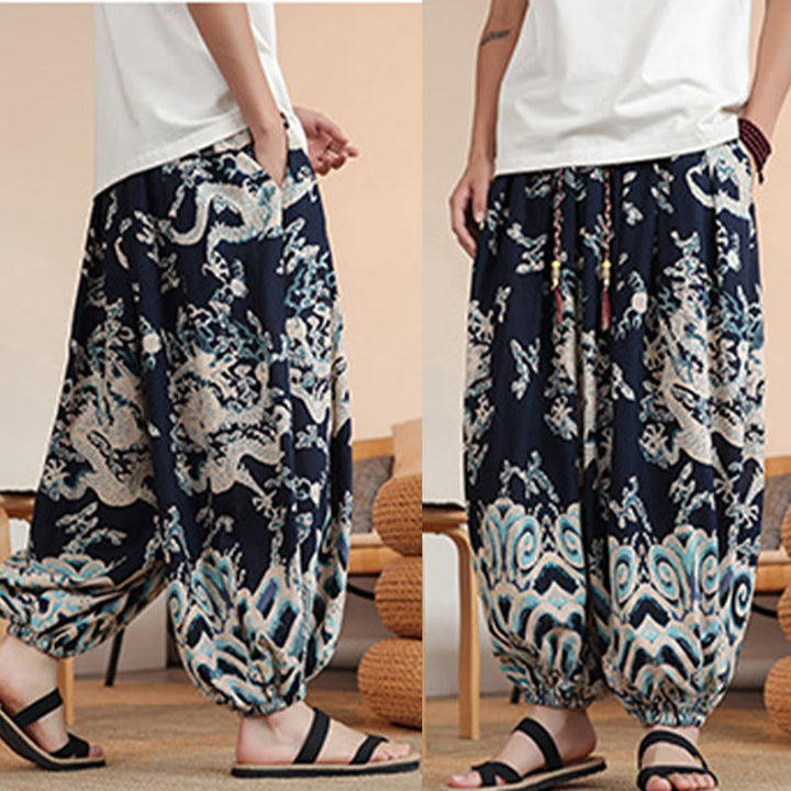 Buddha Stones Dragon Print Cotton Men's Harem Ankle-Length Pants With Pockets - image 10