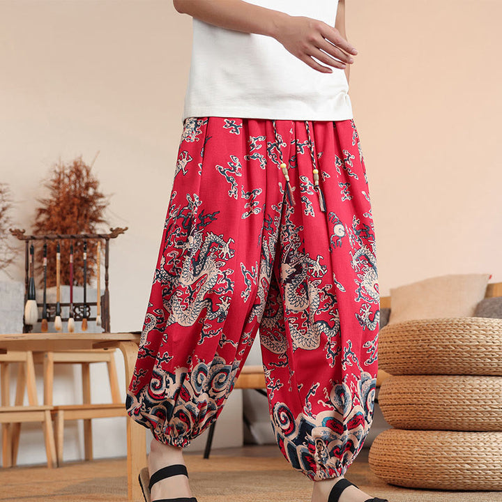 Buddha Stones Dragon Print Cotton Men's Harem Ankle-Length Pants With Pockets - image 13