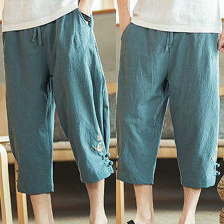 Buddha Stones Crane Embroidery Cotton Men's Cropped Harem Pants With Pockets - image 10