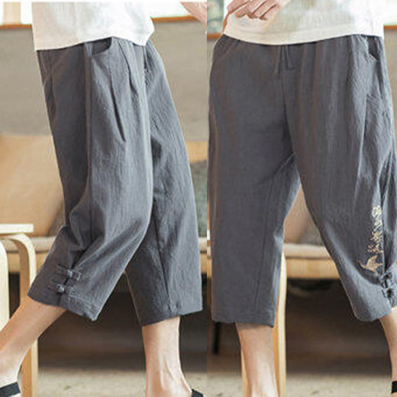 Buddha Stones Crane Embroidery Cotton Men's Cropped Harem Pants With Pockets - image 18