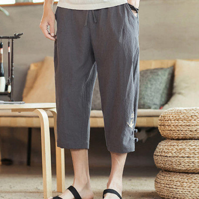 Buddha Stones Crane Embroidery Cotton Men's Cropped Harem Pants With Pockets - image 12