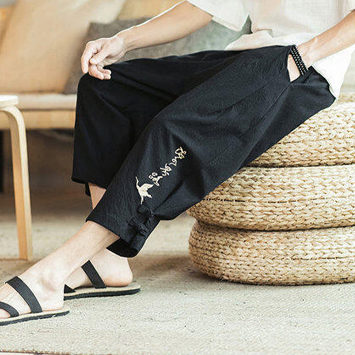 Buddha Stones Crane Embroidery Cotton Men's Cropped Harem Pants With Pockets - image 27