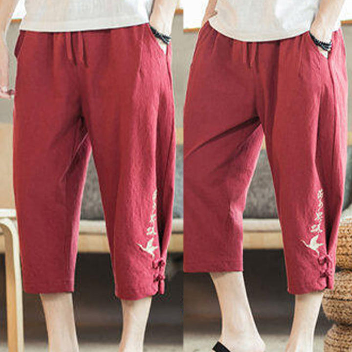 Buddha Stones Crane Embroidery Cotton Men's Cropped Harem Pants With Pockets - image 34