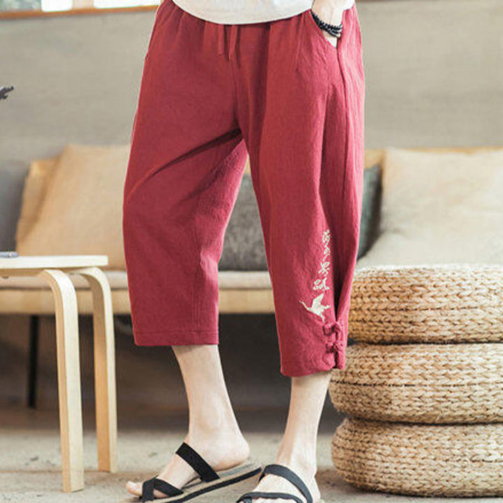 Buddha Stones Crane Embroidery Cotton Men's Cropped Harem Pants With Pockets - image 40