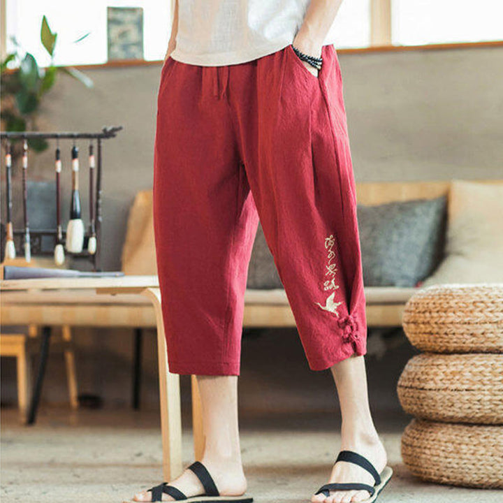 Buddha Stones Crane Embroidery Cotton Men's Cropped Harem Pants With Pockets - image 35