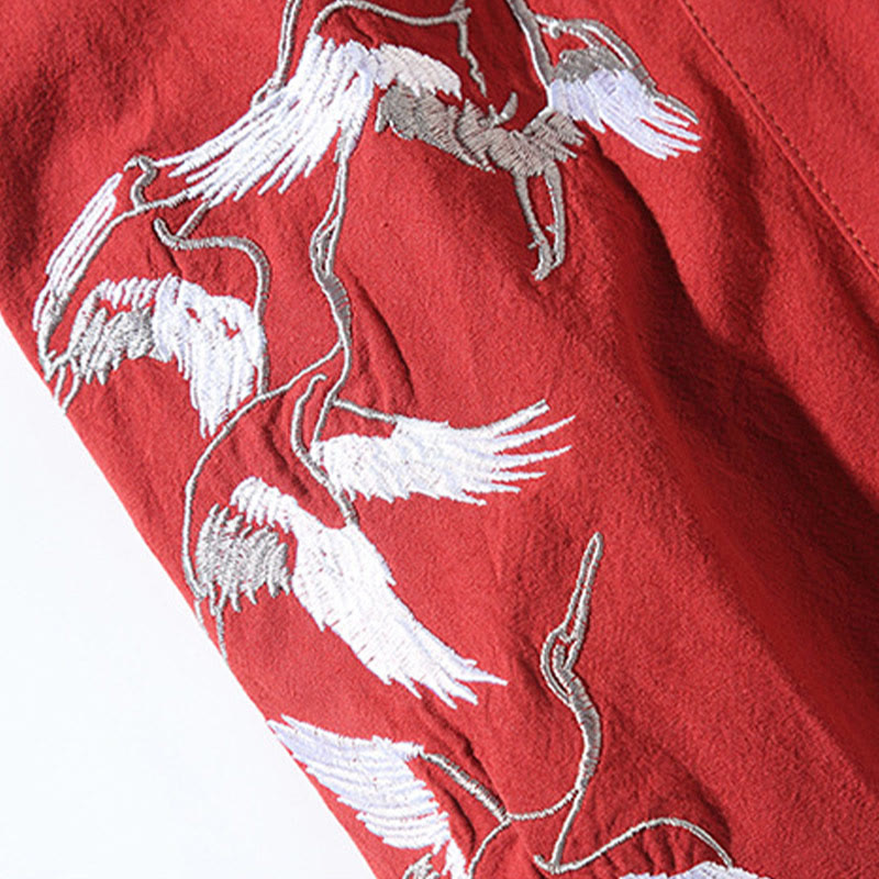 Buddha Stones Embroidery Flying White Cranes Cotton Linen Open Front Jacket Men's Kimono - image 9