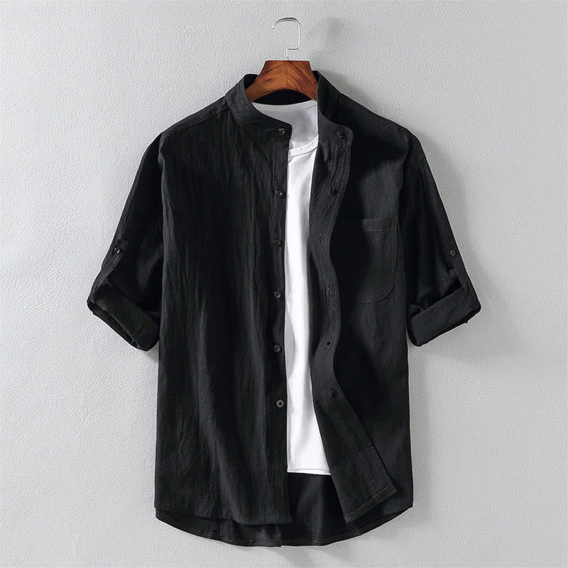 Buddha Stones Summer Solid Men's Buttons Half Sleeve Cotton Linen Shirt - Black - US/UK/AU46，EU56 (5XL) - image 0