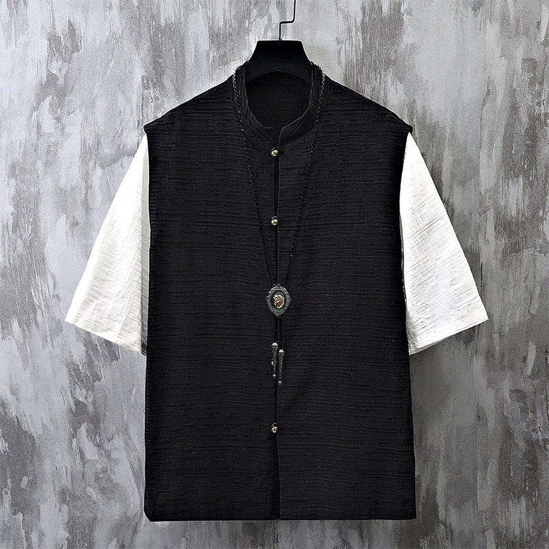 Buddha Stones Summer Patchwork Color Design Men's Half Sleeve Cotton Linen Shirt - Black - US/UK/AU48，EU58 (6XL) - image 3