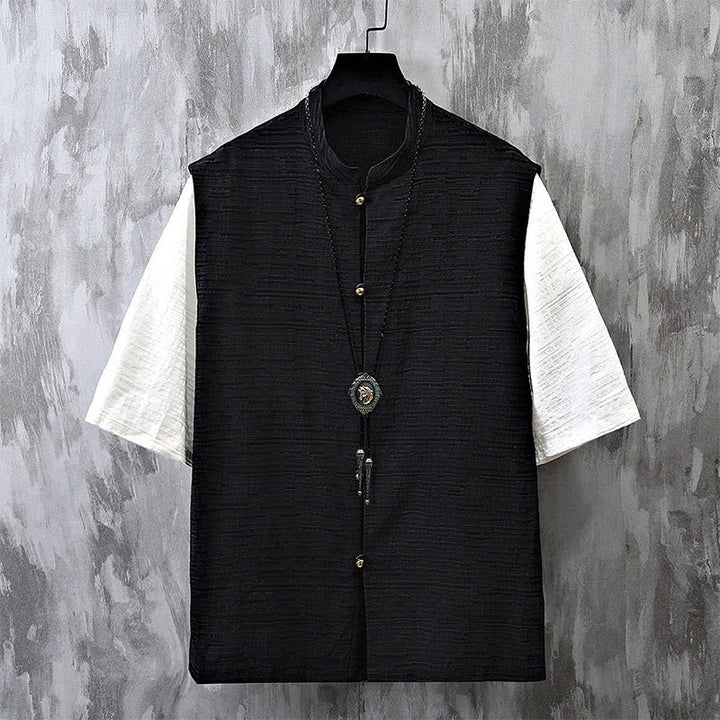 Buddha Stones Summer Patchwork Color Design Men's Half Sleeve Cotton Linen Shirt - Black - US/UK/AU48，EU58 (6XL) - image 3
